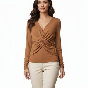 Calvin Klein Crepe V-Neck Long Sleeve Twist Front Blouse XL Luggage Camel NWT